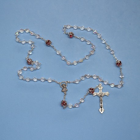 Rosario cristal 32 fases misterios con copete rojo