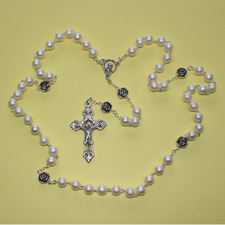 Rosario de perla con misterios rosa metal