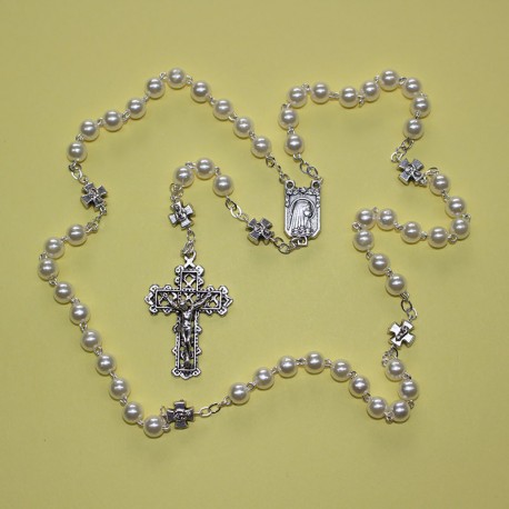Rosario perla acrílico misterio Cruz blanco