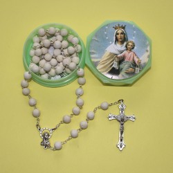 Rosario de pétalos de jazmín con caja y folleto histórico