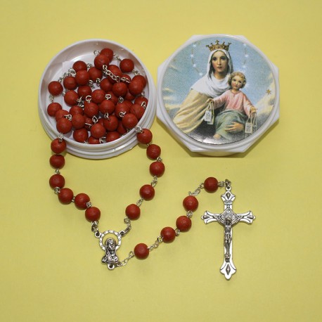 Rosario de pétalos de rosa con caja y folleto histó