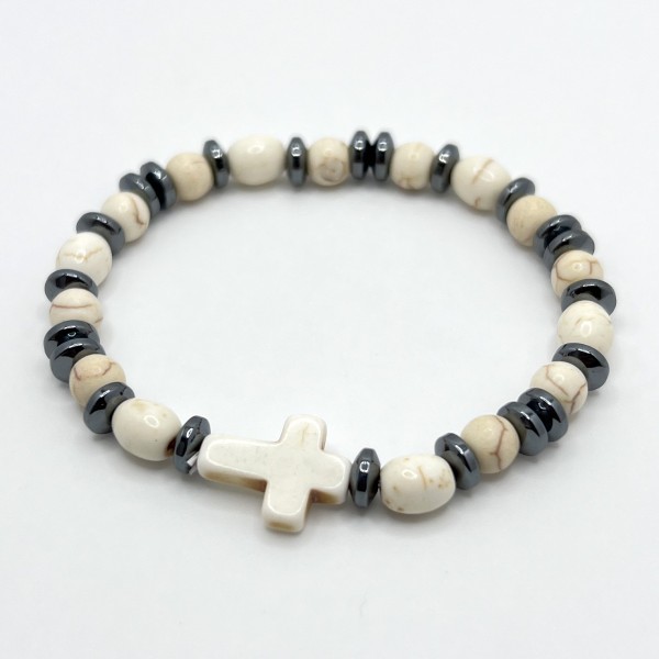 Pulsera elástica de hematite y piedra – artesanal y elegante