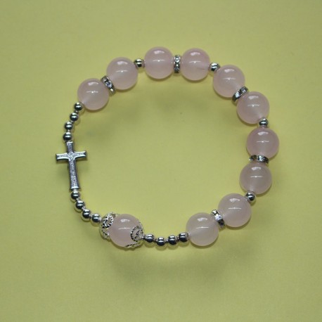 Pulsera elástica tipo perla con Cruz de metal rosa