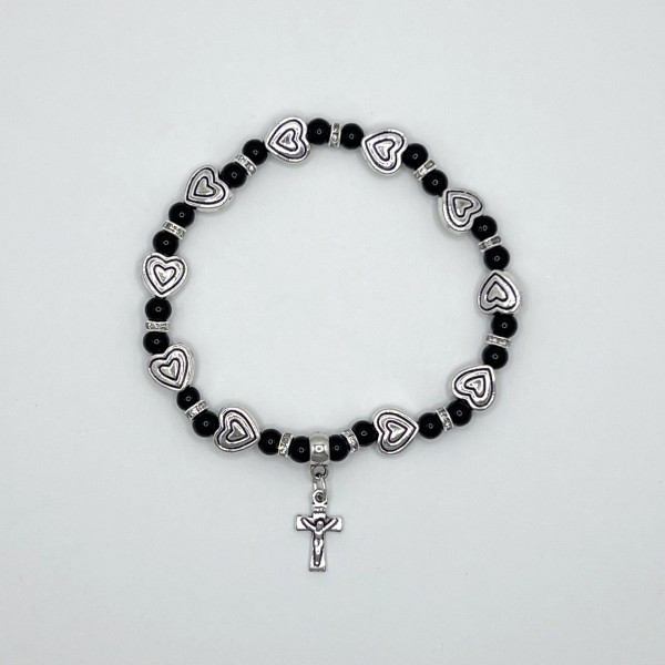 Pulsera con corazón metálico y cuentas de cristal – 5 mm