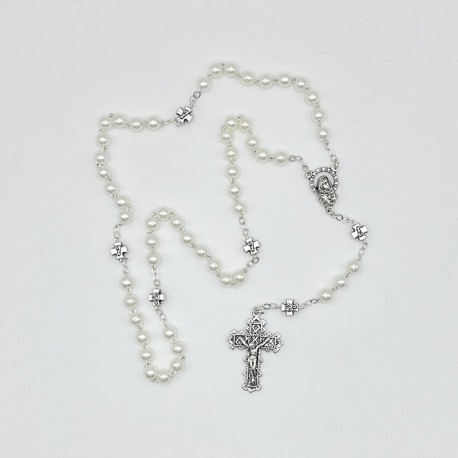 Rosario perla acrílico misterio Cruz blanco