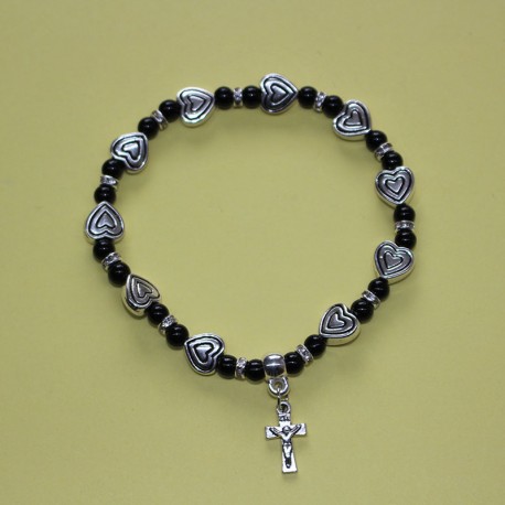 Pulsera negro y corazón metal cristal