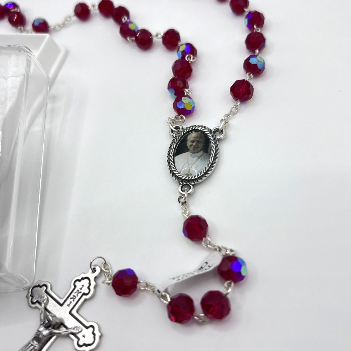 Rosario de cristal facetado rojo edición Madrid Papa Leone XIV – cuentas de 8 mm