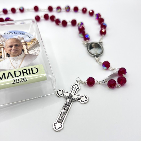 Rosari de vidre facetat vermell edició Madrid Papa Leone XIV – boletes de 8 mm