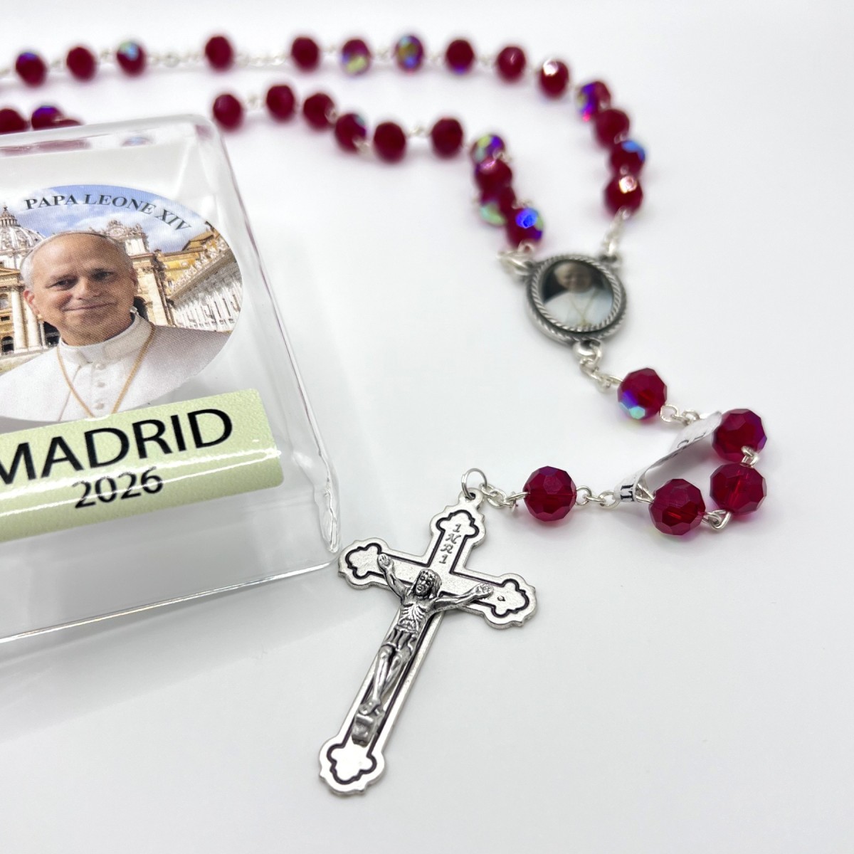 Rosari de vidre facetat vermell edició Madrid Papa Leone XIV – boletes de 8 mm