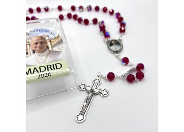 Rosari de vidre facetat vermell edició Madrid Papa Leone XIV – boletes de 8 mm