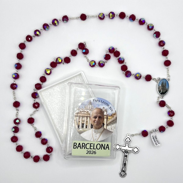 Rosari de vidre facetat vermell edició Barcelona Papa Leone XIV – boletes de 8 mm