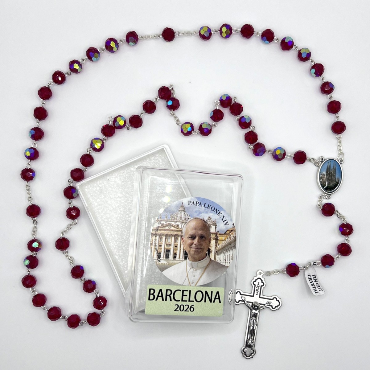 Rosario de cristal facetado rojo edición Barcelona Papa Leone XIV – cuentas de 8 mm