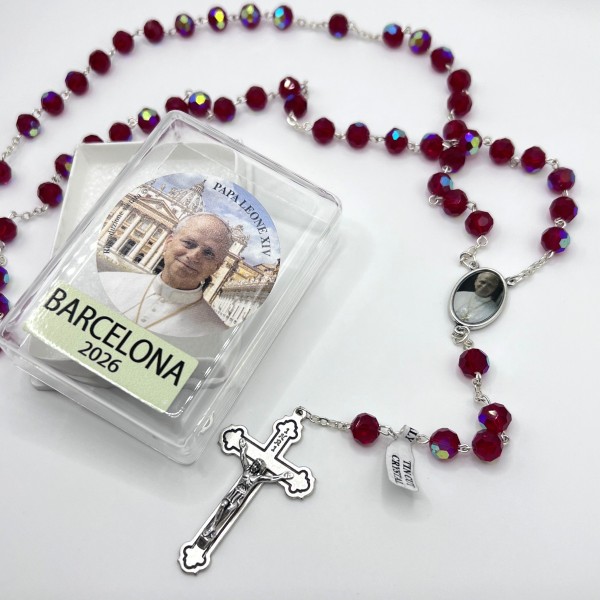 Rosari de vidre facetat vermell edició Barcelona Papa Leone XIV – boletes de 8 mm