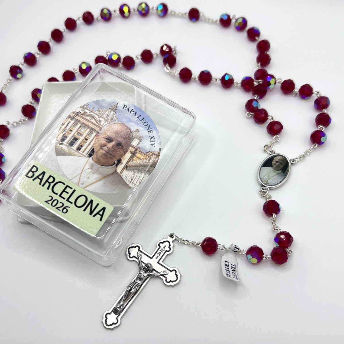 Rosari de vidre facetat vermell edició Barcelona Papa Leone XIV – boletes de 8 mm