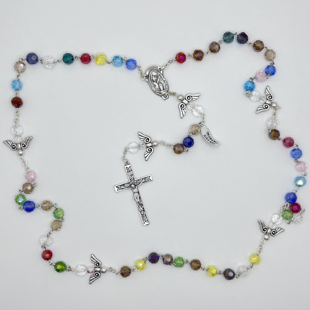 Rosario de cristal facetado multicolor con ángeles – cuentas de 8 mm